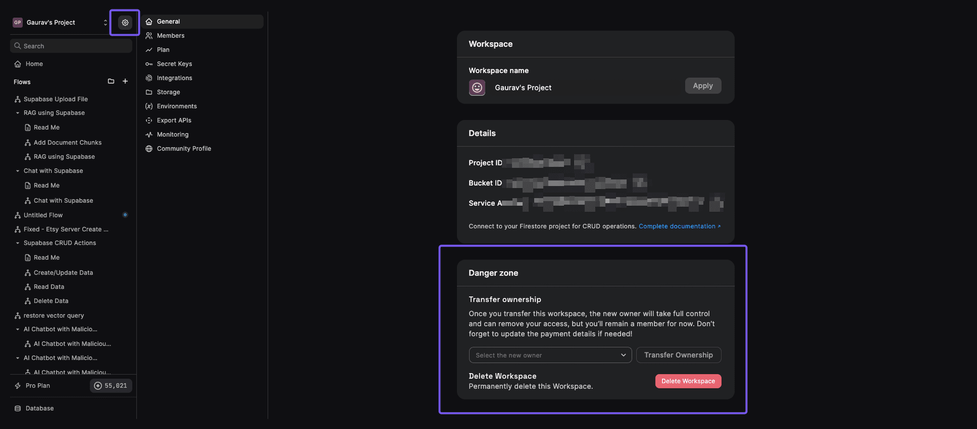 Workspace Settings navigation