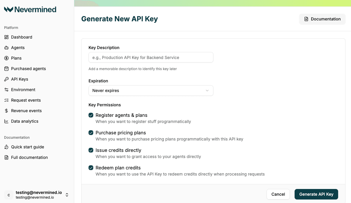 Nevermined API Key Generation