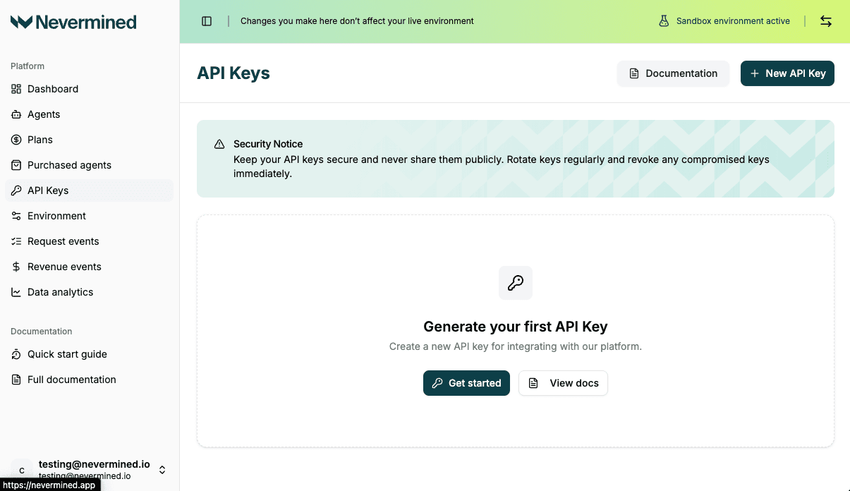 Nevermined API Key Dashboard
